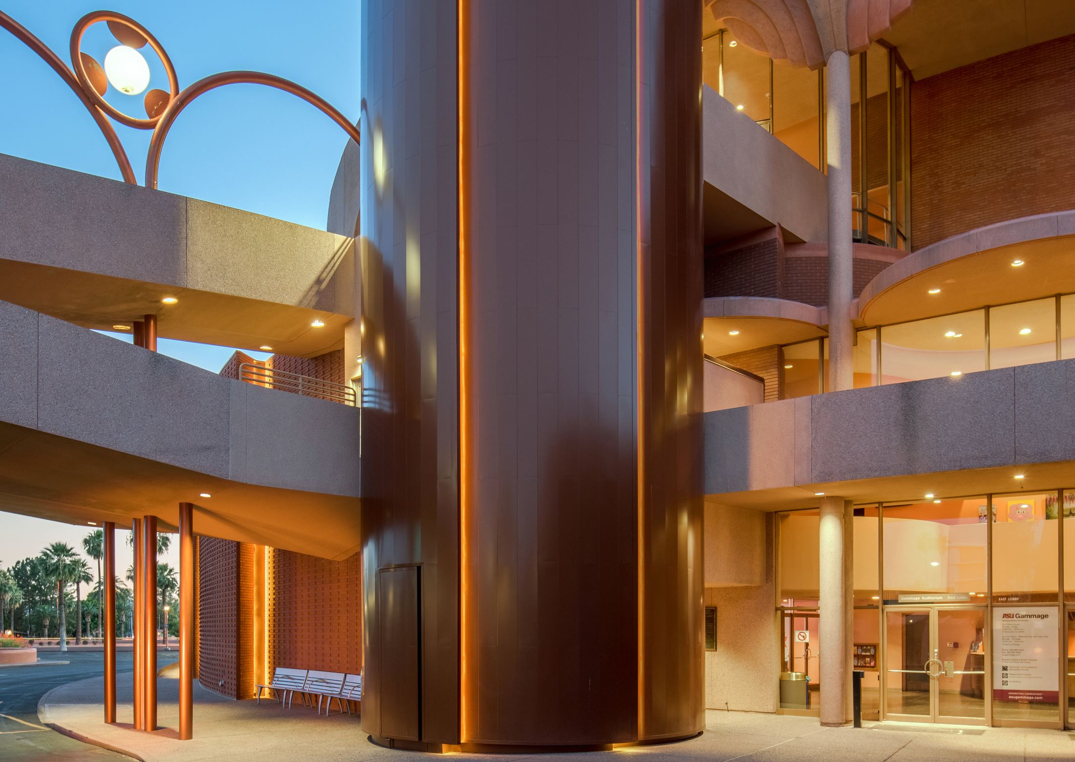 Glowing exterior lobby and colonnade