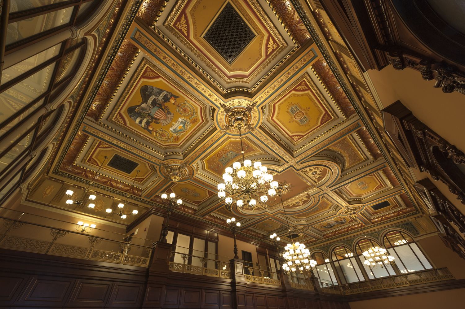 Ornamental ceiling and chandeliers