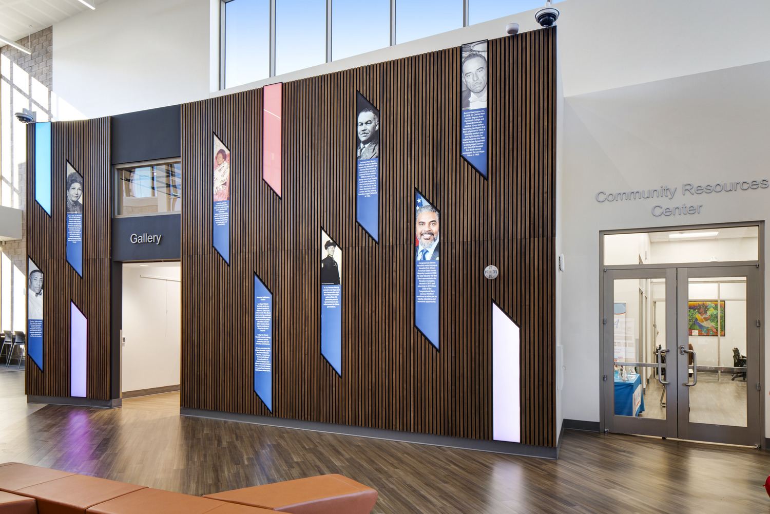 Public interior volume and wood screen